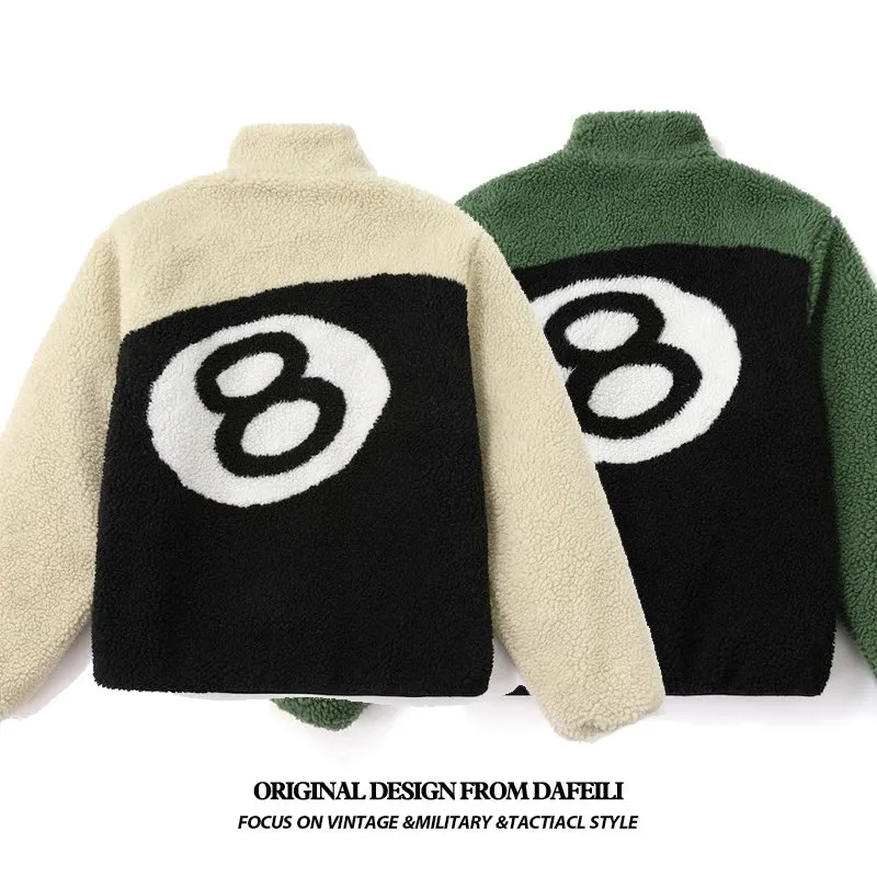 Double-sided wear retro American high street black eight black 8 billiards flocked lambskin fleece z (81)